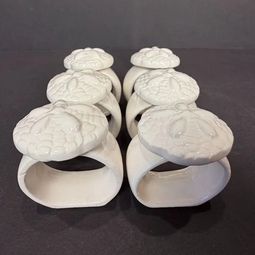 Set of 6 Vintage White Ceramic Sand Dollar Napkin Rings, Coastal Beach, EUC
